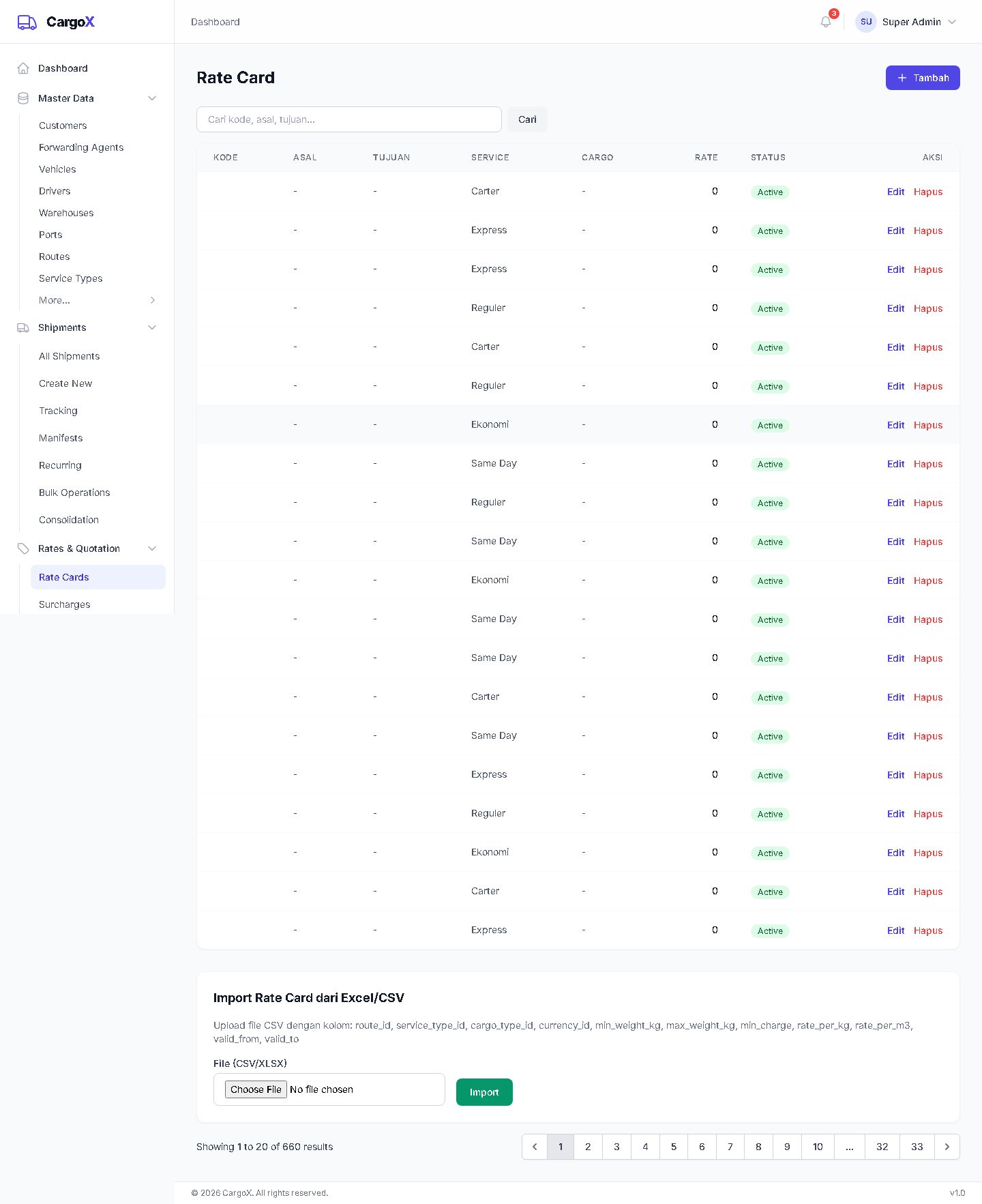 Rate Cards — Kartu Tarif